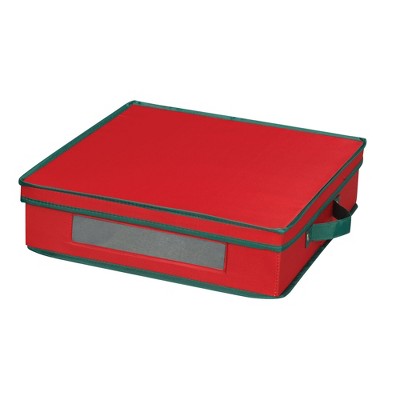 Holiday Charger Plate Storage Box, Holds 12 Charger Plates with Felt Protectors, Red with Green Trim