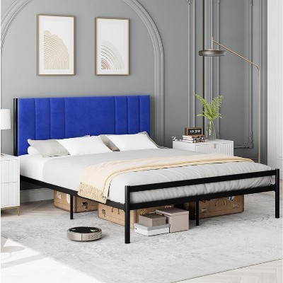 Bed Frame, Platform Bed Frame with Headboard, Heavy Duty Metal Bed Frame with Steel Slats Support, Box Spring Optional, Blue