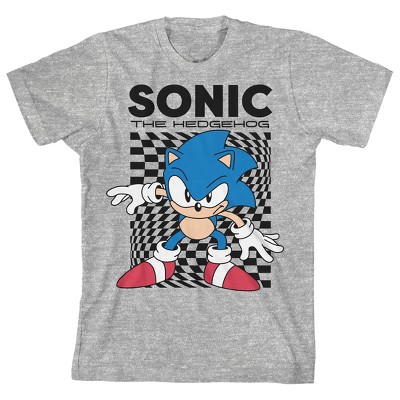 Sonic The Hedgehog Warped Checkered Background Crew Neck Short Sleeve Gray Heather Youth T-shirt