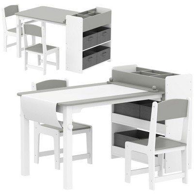 Yinvani Kids Desk and Chair Set with Paper Roll, Kids Activity Craft Table with Storage Shelves and Drawers