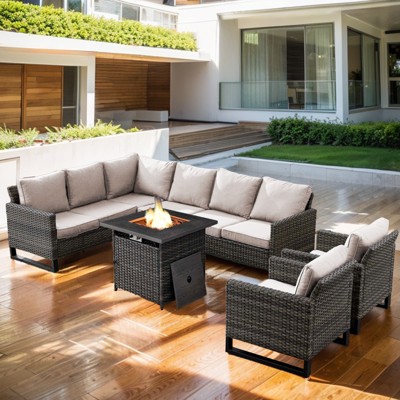 Buenhomino 6 Pieces Outdoor Patio Furniture Set with Propane Gas Fire Pit Table, Outdoor Sectional Sofa PE Rattan Wicker Patio Conversation Sets