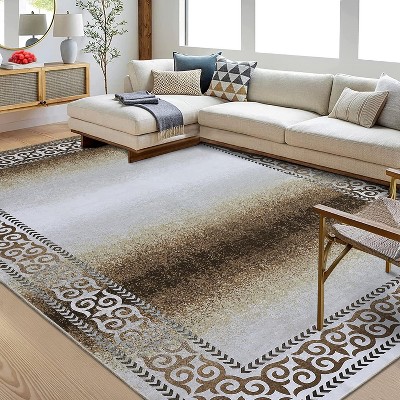 Washable Runner Rug Modern Abstract Non-Slip Low Pile Foldable Soft Hallway Entry Kitchen Laundry Floor Mat Indoor, Bordered