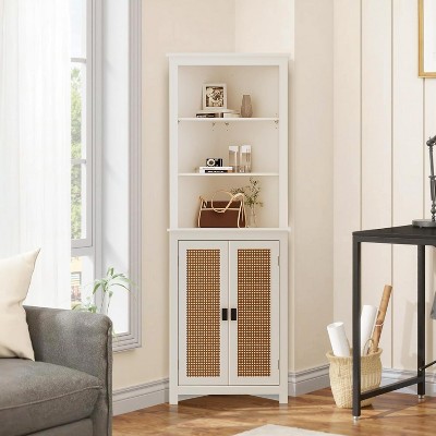 Corner Storage Cabinet with Adjustable Shelves — Rattan Doors, Freestanding Organizer for Bathroom, Kitchen & Living Room