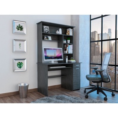 PAGED Computer Desk with Hutch and Bookshelf, Keyboard Tray, Door Panel For CPU, Multiple Shelves and 1 Drawer, Particle Board, Black