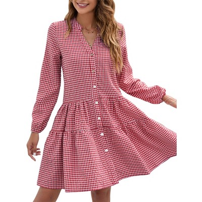 Coolmee Women's Mini Dresses Casual V Neck Button Down Long Sleeve Plaid Print Loose Flowy Shirt Dress