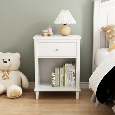 Gulches 26.77in H Wooden Nightstand with One Drawer One Shelf for Kids, Adults, White