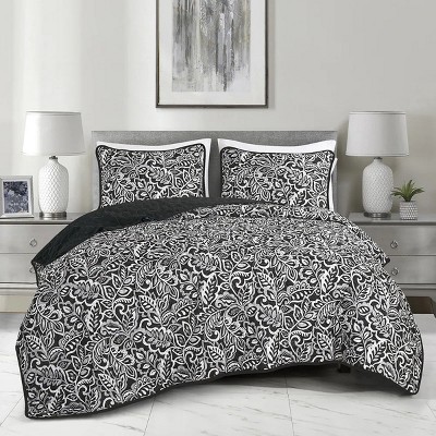Home Mart Goods 3 Piece Black & White Floral Geometric Reversible Quilt Coverlet Bedspread Bedding Set