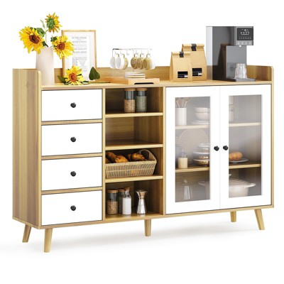 TROPOW Buffet Cabinet with 4 Drawers, Large Sideboard Storage Cabin, Kitchen Cabinet with Glass Doors & Adjustable Shelves