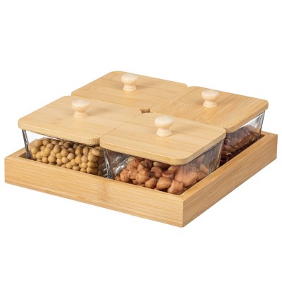 Basicwise Glass Jars with Bamboo Lids and Wooden Tray – Rectangular Charcuterie, Snack Organizer and Fruit Platter for Party, Candy Jars,and Cookies