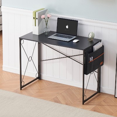 VECELO 39 in. Writing Computer Folding Desk/Sturdy Steel Laptop Table with Storage Bag for Home or Office, Black/Brown/Gray