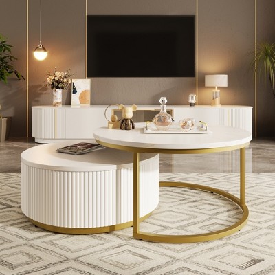 31.5" & 27.6" MDF Modern Round Nesting Coffee Tables with Fluted Base and 1 Drawer in White & Gold for Living Room, Apartment