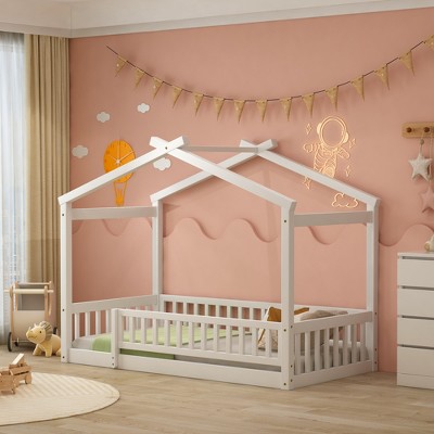 Twin/Full Size Wood Bed House Bed Frame with Fence -ModernLuxe