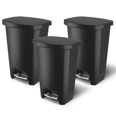Glad Trash Can w/ Lid, Stainless Pedal, Garbage Bag Rings, 13 Gal, Black, 3 Pack