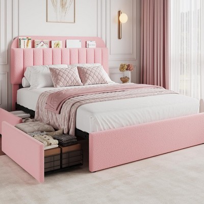 Coolmee Twin/Full/Queen Size Bed Frame with Storage Headboard, Girls Bed Frame with 2 Drawers, Boucle Upholstered Platform Bed with Bookcase