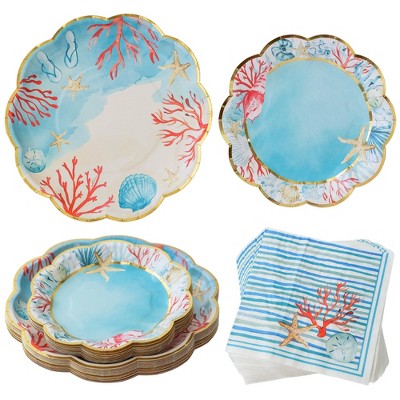 Kate Aspen Beach Party 62 Piece Coastal Party Tableware Set, Birdal Shower Decorations Plates & Napkins, Vibrant Floral Nautical (16 Guests)