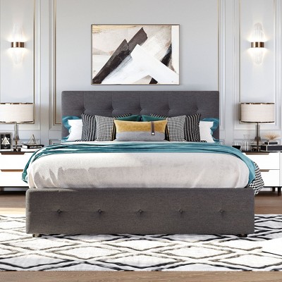 Whisen Elegant Design Queen Size Upholstered Platform Bed with 2 Drawers and Trundle