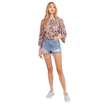 Slickblue Women’s Open Back Leopard Print Top, Short Sleeve Design, Casual Blouse, Pink Shade, S
