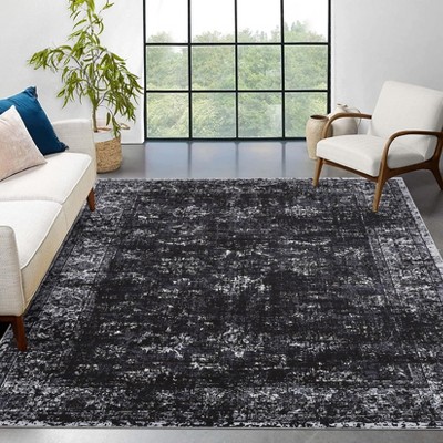Vintage Rug Machine Washable - Non Slip Distressed Area Rug for Living Room, Bedroom (Black)