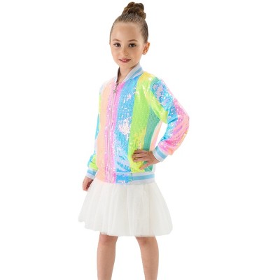 2Bunnies Girls' Neon Stripe Sequin Bomber Jacket