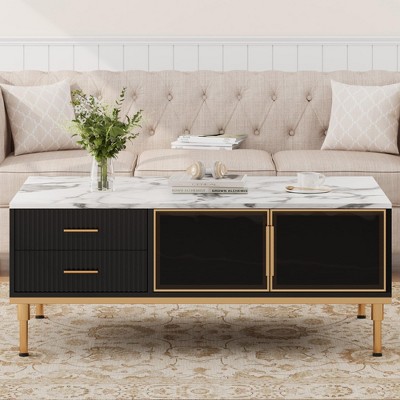 Black Minimalist Coffee Table with Faux Marble Surface, Glass Storage Doors, Metal Frame