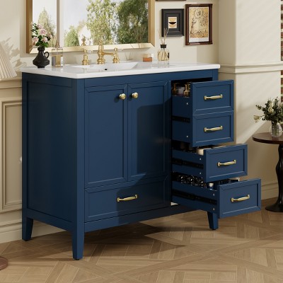 KTMBDW Bathroom Vanity with Ceramic Sink, Bathroom Vanity Cabinet with 2 Doors and 4 Drawers, 36 Inches Wooden Cabinet with Sink