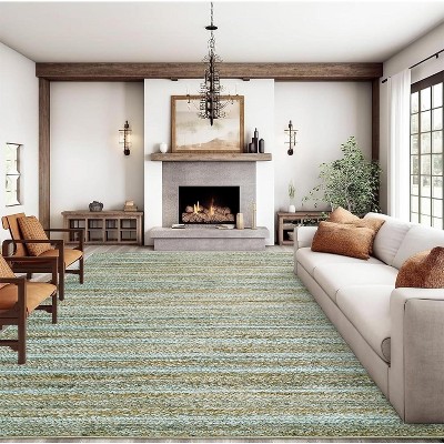 Acekool 5x7 Green Washable Area Rug, Modern Solid Braid Print, Non-Slip, Stain Resistant, Low Pile Accent Carpet for Living Room Bedroom