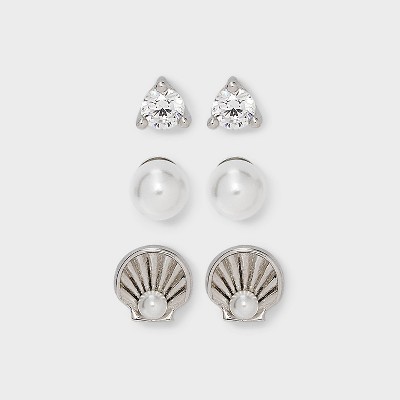 Pearl Shell Cubic Zirconia Stud Earring Set 3pc - A New Day™ Silver: Polished Sterling, Nickel-Free, Fashion Jewelry