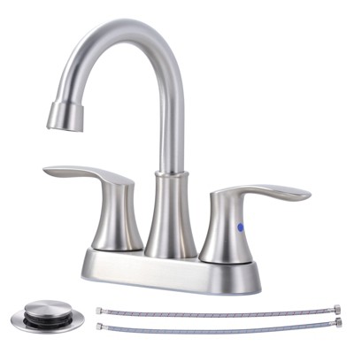 WOWOW 4 in. Centerset Double Handle High Arc Bathroom Faucet with Drain Kit Included in Brushed Nickel