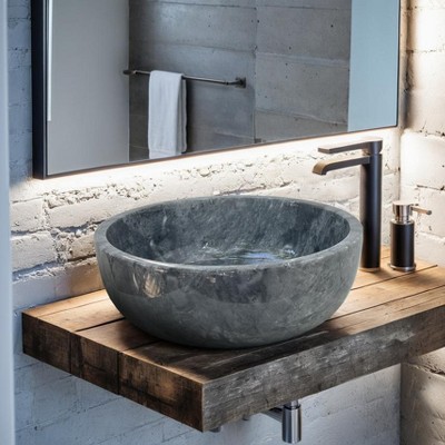 Dark Grey Marble Vessel Sink – Handcrafted Round Bathroom Basin, 16.34 Inch Polished Natural Marble Vanity Sink, Durable Stone Sink Modern Bathroom
