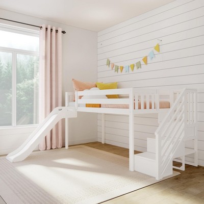 Max & Lily Twin Size Low Loft Bed with Slide and Stairs, Solid Wood Kids Platform Bed with 14” Guardrails