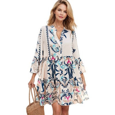 Amaryllis Women's Boho Floral Print Button-Down Tiered Mini Dress 3/4 Sleeve V-Neck Flowy Ruffle Hem Chic Casual Style