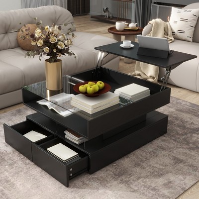 Modern Adjustable Coffee Table with Tempered Glass, 2 Drawers, Hidden Storage & 16-Color LED Lighting