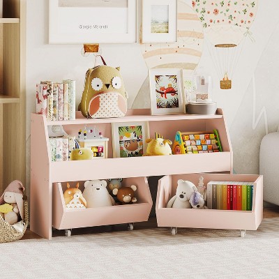 Petrimins  Toy Storage Organizer for Kids, Toy Storage Cabinet with Drawers, Boys and Girls Toy Shelf with Wheels, Kids Bookshelf for Bedroom