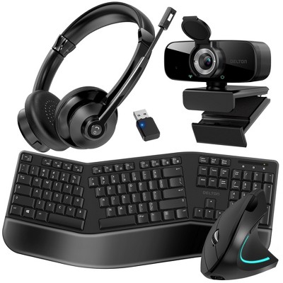Delton Work Anywhere 30X Wireless Noise Canceling Bluetooth Stereo Computer Headset Kit with 1080p Webcam, Ergonomic Wireless Keyboard & Mouse, Black