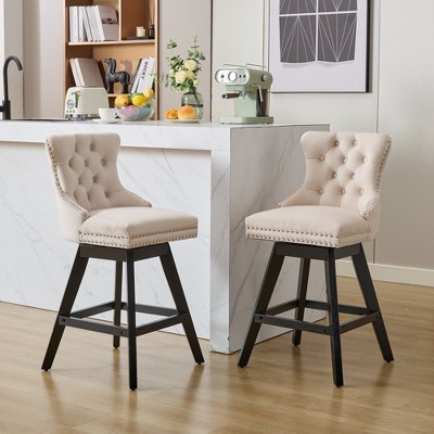 PAGED Bar Stools Set of 2 Modern Swivel Velvet Barstools with Button Tufted Back and Wooden Legs for Bar, Kitchen