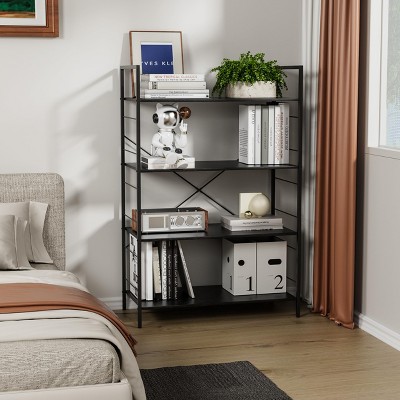 4 Tier Bookshelf, Metal Frame Bookcase, Industrial Wood Bookshelf Books Storage Rack Shelves for Home Office Living Room, 14"D x 29.5"W x 45"H