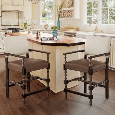 Arceso Counter Height Bar Stools Set of 2, 26'' French Leather Barstools with Arms and Backrest, Counter Stool Upholstered Farmhouse Bar Stools