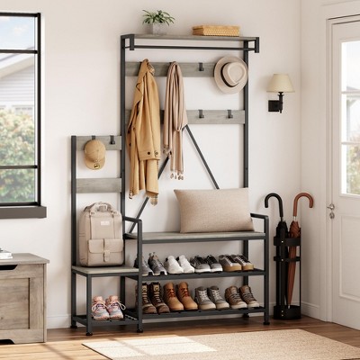 Hall Tree With Bench and Shoe Storage Parent-Child Coat Rack Shoe Bench Industrial Coat Tree Entryway Large Organizer
