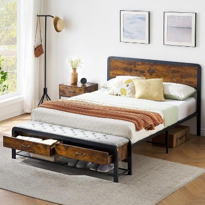 homfan Bed Frame with Ottoman Storage & Wood Headboard, Industrial Platform Bed with 2 Storage Drawers, Heavy-Duty Metal Slats, No Box Spring Needed