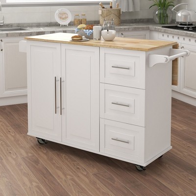 Kitchen Island with Spice Rack, Towel Rack and Extensible Solid Wood Table Top, Trolley Carts On Wheels, Rolling Kitchen Island Cart,3 Drawer, 2 Doors