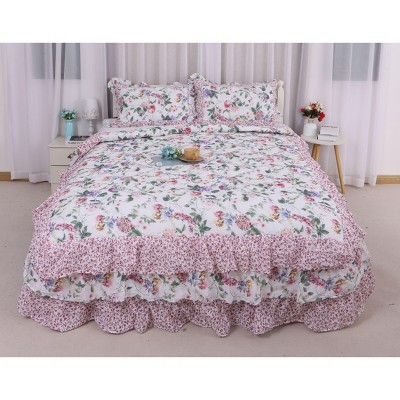 Luupatchy 3 Pc Cotton Bed Skirt Set, Pink Floral Printed, With 2 Pillow Cases, All-Season Bedding for Women & Home Bedrooms