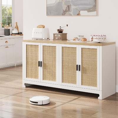 60" Rattan Buffet Cabinet - 4-Door Woven Sideboard with Adjustable Shelves, Farmhouse Console for Dining Room, Living Room & Entryway Storage