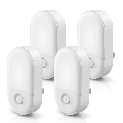 DORESshop 4-Pack 0.6W Plug-in Warm Night Light with Half-Diffuser, Horizontal Wall Lamp, Light Sensor & Two-Level Dimmer, US Dual Plug