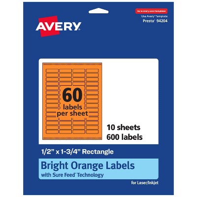Avery Bright Orange Paper Labels, 0.5" x 1.75" Rectangle