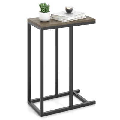 Costway C-shaped Side Table Industrial Sofa Table with Heavy-duty Metal Frame Brown/Gray