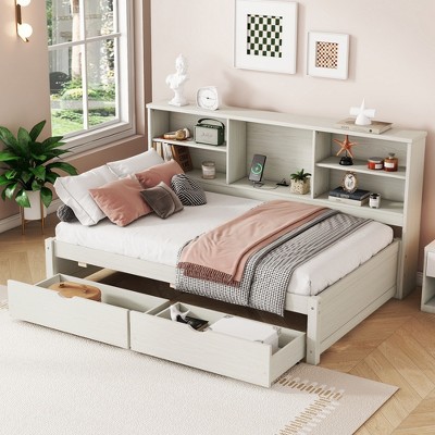 Twin Size Bed Frame with Built-in USB Port, Side Bookshelves and Two Drawers