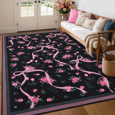 Floral Rugs for Living Room Bedroom Washable Bow Pattern Area Rug Non Slip Low Pile Indoor Home Decor Carpet