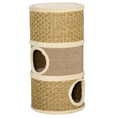 DSVIMOY 28 Inch Barrel Shaped Small Cat Tree, 3 Story Cat Hideaway with Sisal Scratching Pad, Khaki and Brown, 14.8"*14.8"*27.5"
