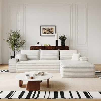 107 inch Plush Corduroy Fabric White Cloud Sectional Couch with L-Shape Chaise Modern Modular Sofa with Deep Seat
