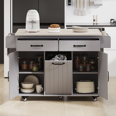 Rolling Kitchen Island with Trash Can Cabinet, Drop Leaf, Spice Rack, Towel Rack, Drawer, and Adjustable Shelf